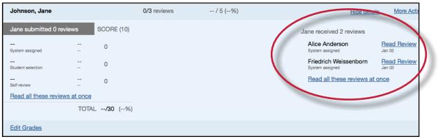 Within the more details of a single student the instructor can view the progress of the student s reviews or read the student s completed reviews.