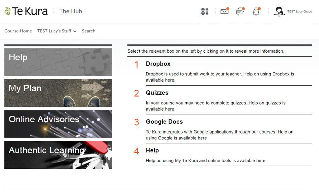 17. The Hub course offers more help on dropbox, quizzes, google docs, and online tools. Click on Help and then choose any option from the list. 18.