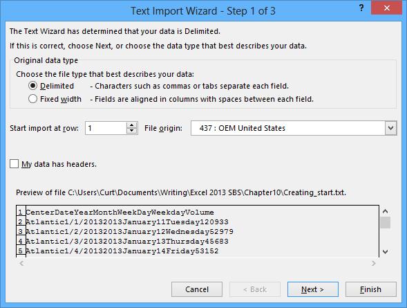 From within the Import Text File dialog box, browse to the directory that contains the text file you want to import. When you double-click the file, Excel launches the Text Import wizard.