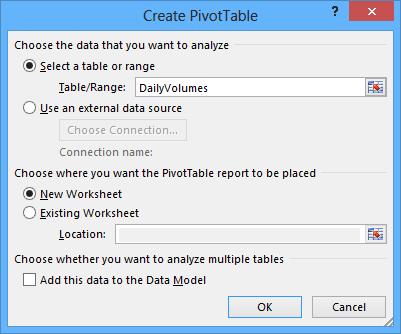 After you create an Excel table, you can click any cell in the table, display the Insert tab and then, in the Tables group, click PivotTable to open the Create PivotTable dialog box.