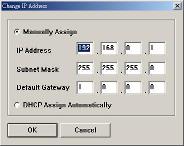 Control Buttons - Change IP Address: Click this button to bring up the following dialog box, allowing you to change