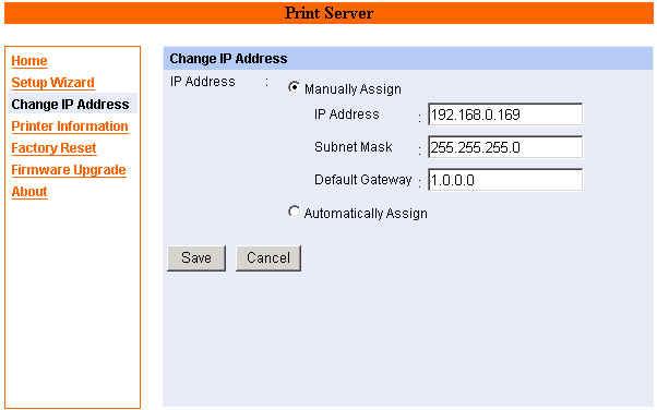 Change IP Address If you only need to change the print server s IP address without any other