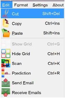 The Edit Menu provides clipboard operations and grid settings (image below): Here the user can Cut, Copy, and Paste a selection.