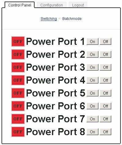 24 5.2.1 Switching Here you are able to switch the ports directly. You can check the status of the Power Ports by the color of the Power Port status LED (green=enabled/red=disabled). 5.2.2 Batchmode Each Power Port of EPC NET 8x can be switched on or switched off for a selectable delay (1-30 sec.
