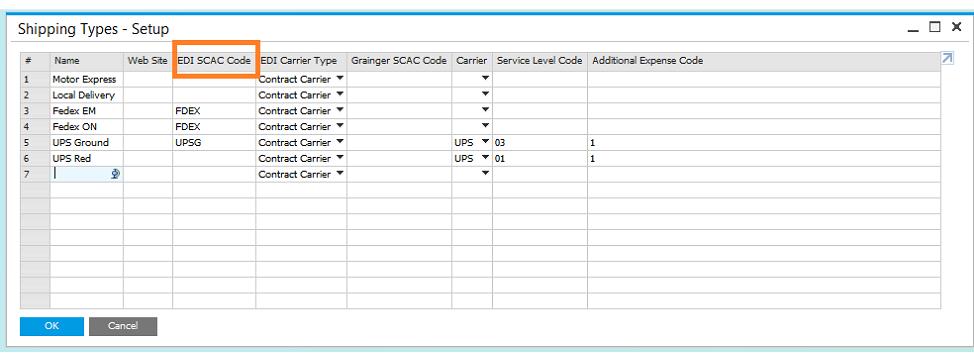 Shipping Types: SCAC codes Administration > Setup > Inventory >Shipping Types Setup EDI SCAC Code: This field allows for each shipping type to be translated to a Standard Carrier Alpha Code (SCAC