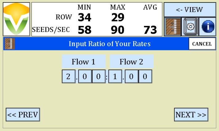 If you will be using two different rates with your flow system, select the 2 rate button on the screen (Figure 7 Flow Meter Number of Rates above). Press Next to bring up the Ratio Screen.