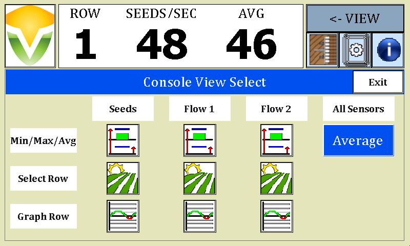 You may also choose to view individual row seeds/sec (gal/min). or a line graph for an individual row showing the past 20 second average.