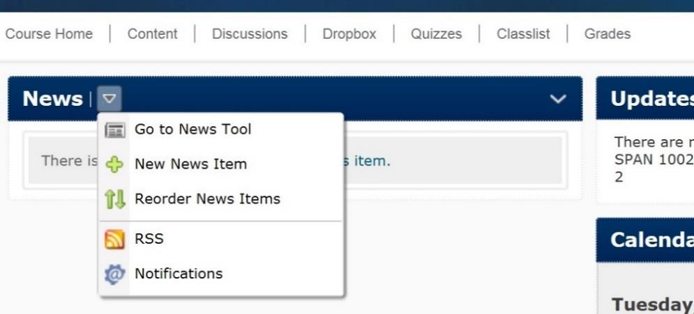 Creating and Deleting a News Item Click on the downward facing arrow next to the word News on the blue header to see all the options under this item.