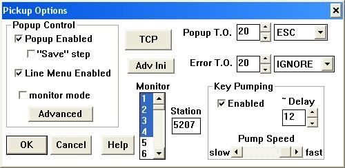 3. In the Pickup Options 2 window that is displayed, click TCP. Note: The administration of Telcomp PickUpEm and Telcomp PickUpIp are very similar. Popup T.O. value was modified from 0 to 20 (which means screen pop generated by Telcomp PickUpEm will pause 20 seconds before minimizing), Error T.
