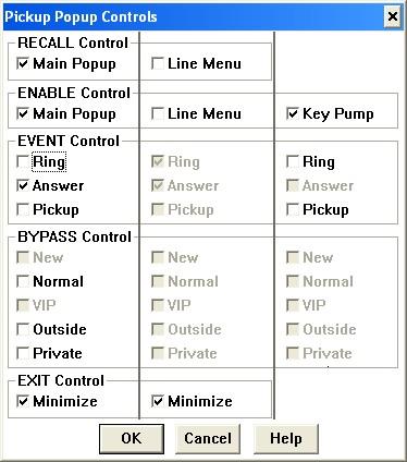 7. In the PickUp Popup Controls window that is displayed, verify Key Pump is checked, verify Answer is checked, and verify none of the checkboxes in the BYPASS Control section are checked. Click OK.