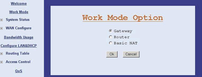 3.2 Work Mode In order to meet different application usage, this router can be configured in three different working modes, as outlined below. 1. Gateway mode 2. Router mode 3.