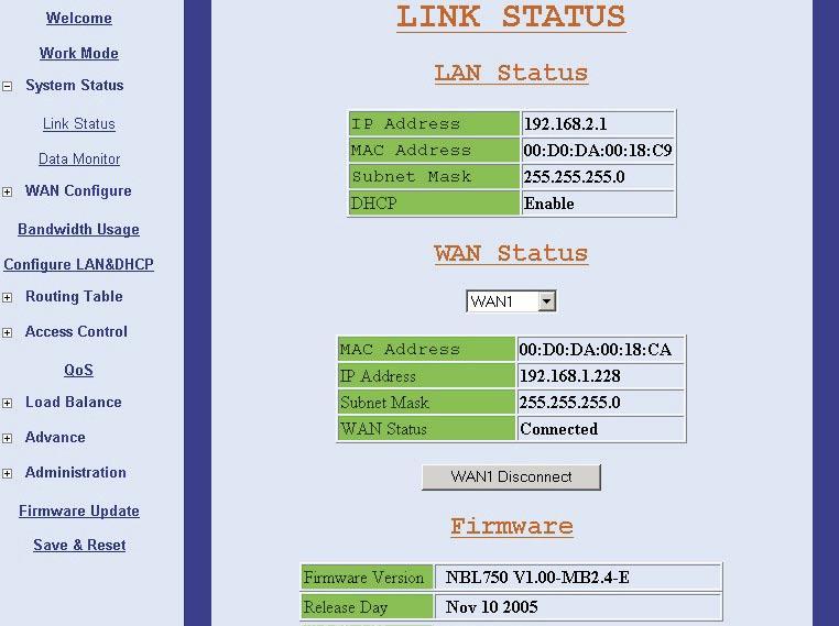 3.3 System Status 3.3.1 Link Status You can get the following information in the Link Status window: LAN Status, WAN Status, Firmware Information, DHCP TABLE.