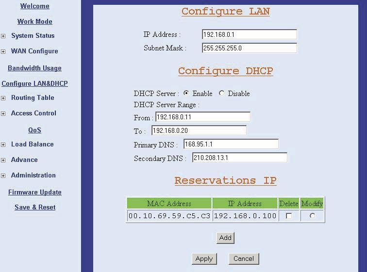 3.6 Configure LAN&DHCP This function configures the LAN ports IP address Subnet Mask DHCP.