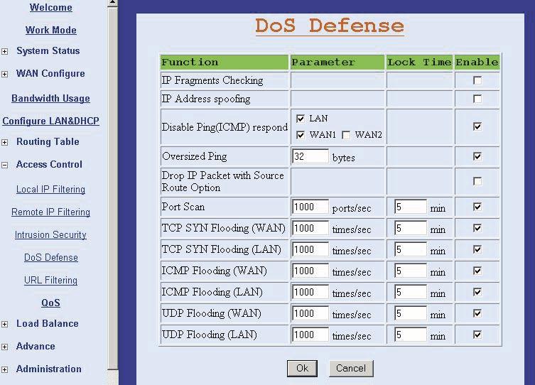 Figure 18 DoS Defense * Some viruses use the PING command to attack a network. The NB750 can be defined to accept or reject the PING command from WAN or LAN.