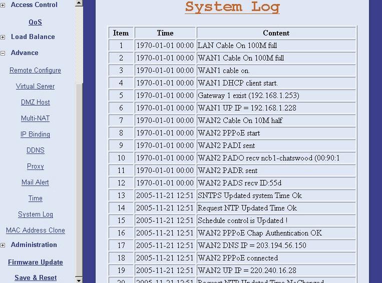 3.11.10 System Log When the NB750 powers on, it will show all the records, such as WAN port up/down, WAN IP address, the