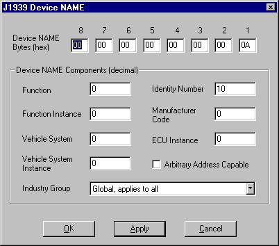 Configuration 3-9 Setting the J1939 NAME The J1939 Device NAME dialog is shown in Figure 3-2.