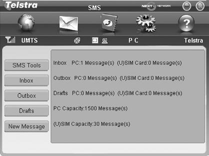 3.4 SMS Interface Click the SMS icon to use the SMS Interface: SMS Tools: Launches the Telstra online SMS application Inbox: Stores the received SMS. Outbox: Stores the successfully sent SMS.