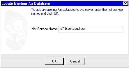 THE RAISER S EDGE INSTALLATION 25 2. Click If you would like to add an existing 7.x database to this server click here. The Locate Existing 7.x Database screen appears.