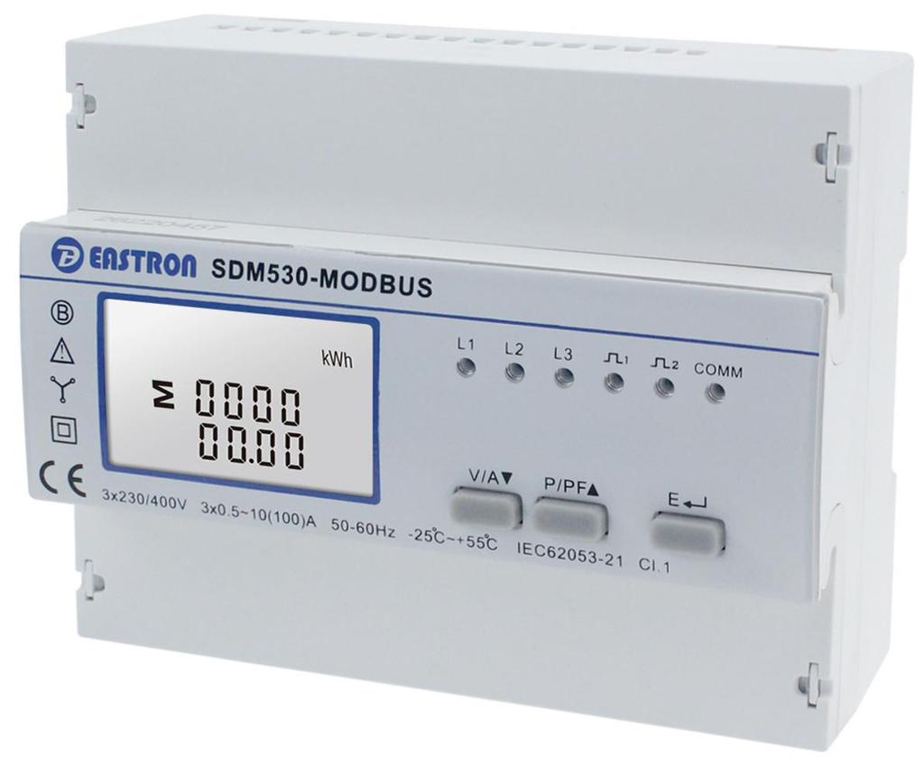 Bi-directional measurement IMP & EXP Two pulse outputs RS485 Modbus Din
