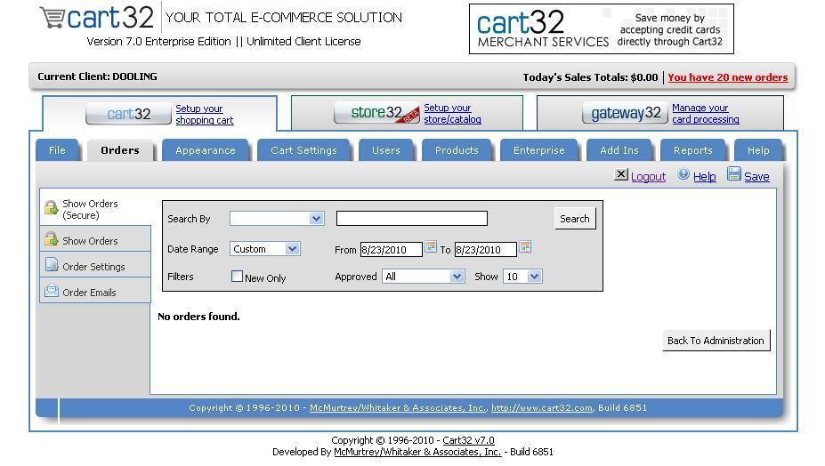 Orders Tab Show Orders This is where you can view orders in the cart. You can search the orders by date range, order number, etc. The orders are listed much like a checkbook register.