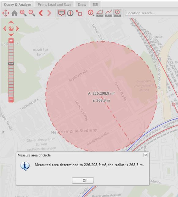 Measure area and radius: By clicking the left mouse button on the map and pressing the matte button a circle can be drawn up. The radius of the circle is displayed as a red line.