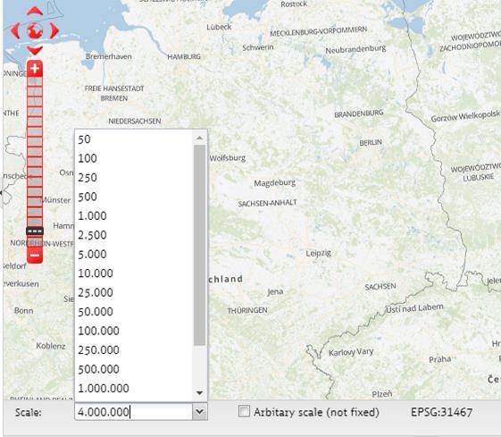 3.9 Statusbar The status bar below the map window displays information about the scale, the map projection (EPSG: 31467 = Gauß-Krüger 3), the coordinates and the version of the application. 3.9.1 Scale selection The scale can either be selected via the selection menu or entered freely, if the check mark is set for the free scale input.
