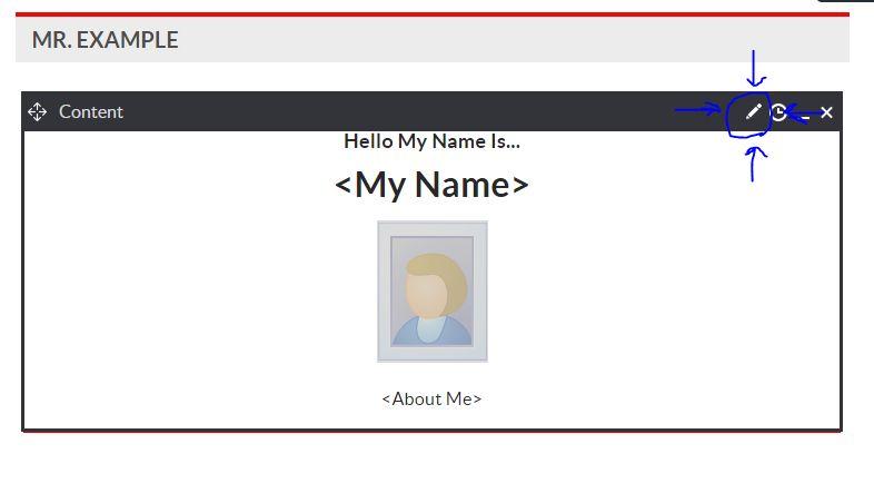 Editing a Page After flipping the design mode switch, hover your cursor above the content tab that says Hello my name