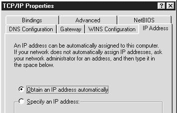 4. Click the IP Address tab. 5. Select the option Obtain an IP address automatically and click OK to save the settings. See Fig 1-9. IP Address Tab Select This Figure 1-9 : TCP/IP Properties 6.