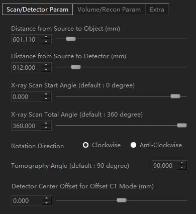 Main UI : Right Panel (Scan Geometry/Detector Parameter) Right panel : Scan Geometry Parameter - Modify CT geometry related settings such as distance from source to object, distance from source to