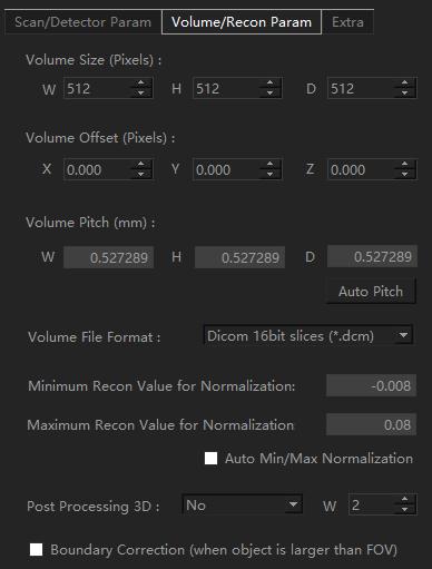 Main UI : Right Panel (Volume/Recon Parameters) Right panel : Volume/Reconstruction parameters - Change the setting for reconstructed 3D volume such as volume size, pitch, data type and file format