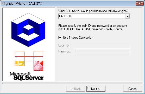 Upsize to Microsoft SQL Server If you select the Upsize to SQL Server option, you will be presented with this screen: Enter the SQL Server name or select it from