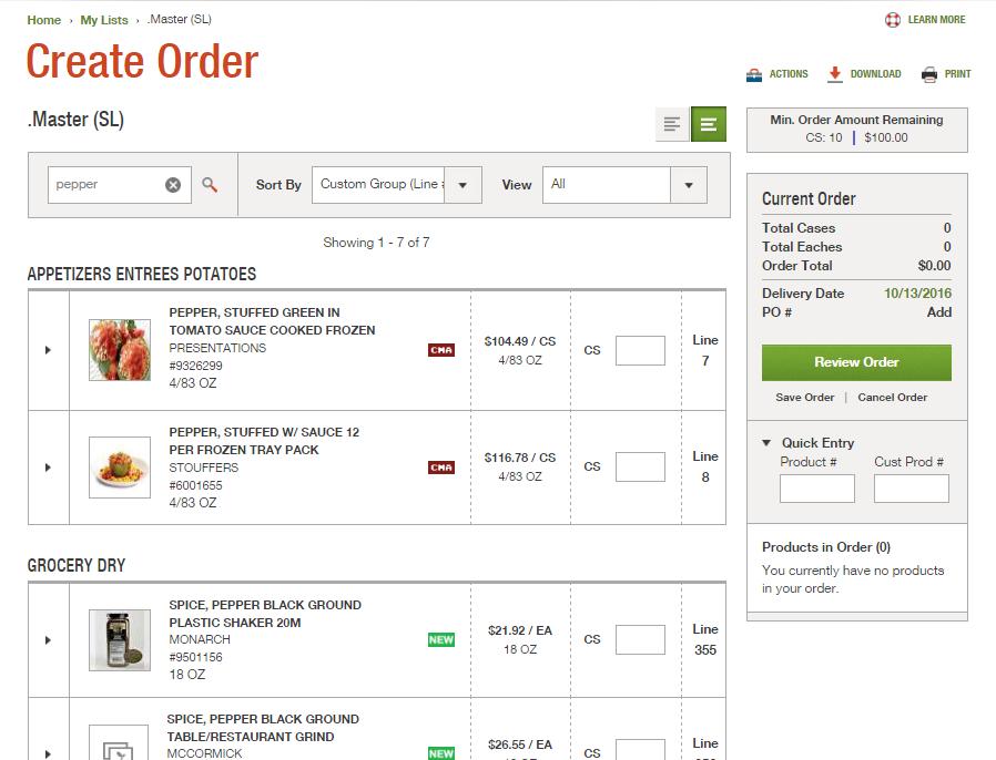 CREATE ORDER - ENTER QUANTITIES To search for products on the current list, enter the first word or two of the product description.