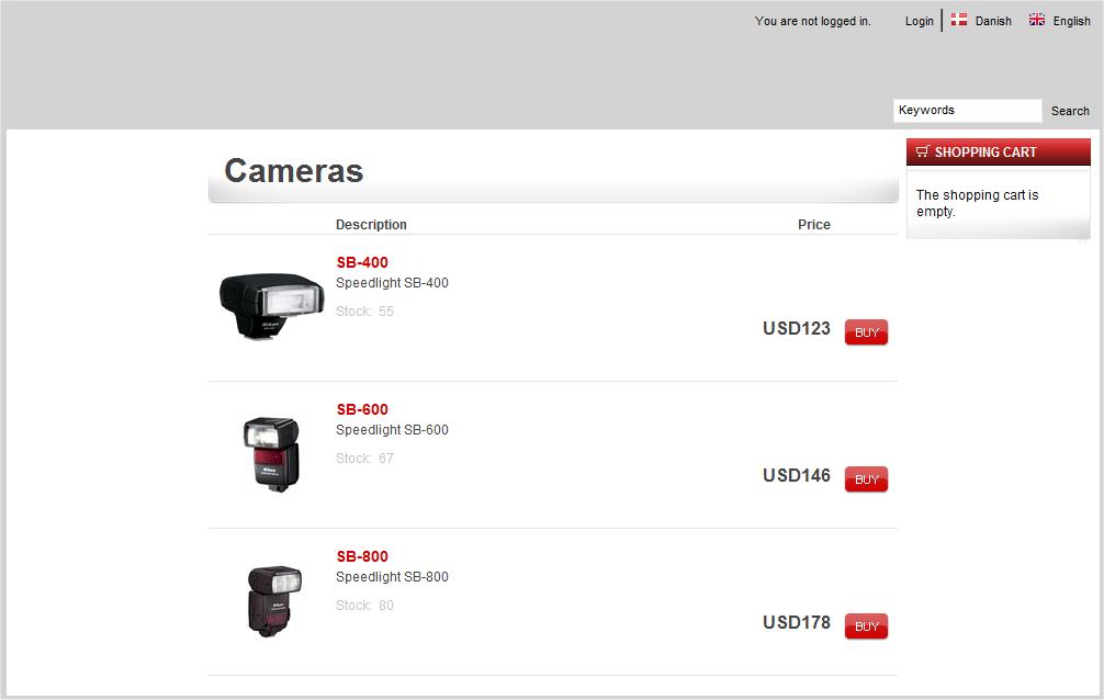 The Cameras Page The products displayed on the Cameras page are selected using a search form.