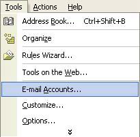 Microsoft Outlook 2002 (XP) This section describes how to configure Outlook 2002 (Windows XP) to access POP E-mail. 1. Click Tools and select E-mail Accounts from the pull-down menu (See Figure 5). 2. Click on Add a new e-mail account, then click Next.