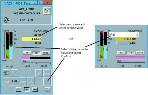 Changing Control Parameters Section 3 CCF Displays Figure 14. Changing Setpoint on MOD CCF PID Loop Faceplate 2. Select the entry field, and then enter the new value via the keyboard. 3. As an alternative, you can use the control slider to change the setpoint or output value up or down.