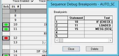 Sequence Debug Program Functions Section 4 TCL Displays To enable breakpoints, select the Breakpoint Enabled box.