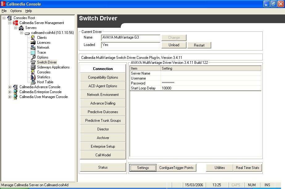 In the Current Driver section, click on the Load button to load the switch driver. The Loaded field changes to Yes and the Load button changes to Unload.