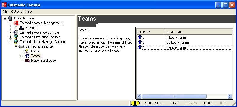 The Teams page in the main Callmedia Console shows a summary of all teams.