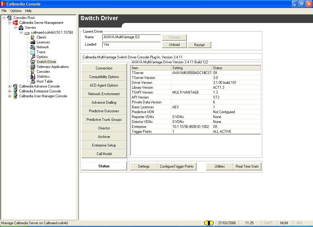 7.3. Callmedia Contact Centre From the Switch Driver screen, check that the Tserver status is OK, Enterprise