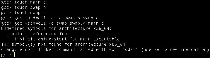 1. Create empty files and test Make three empty files with touch main.c, swap.h swap.c Compile swap.