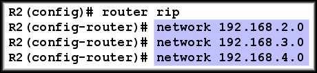 Specifying Networks The network command: Enter the classful network address for each directly connected network. Functions: Enables RIP on all interfaces that belong to a specific network.
