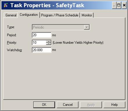 You select the task priority and watchdog time via the Task Properties - Safety Task dialog box in your RSLogix 5000 project.