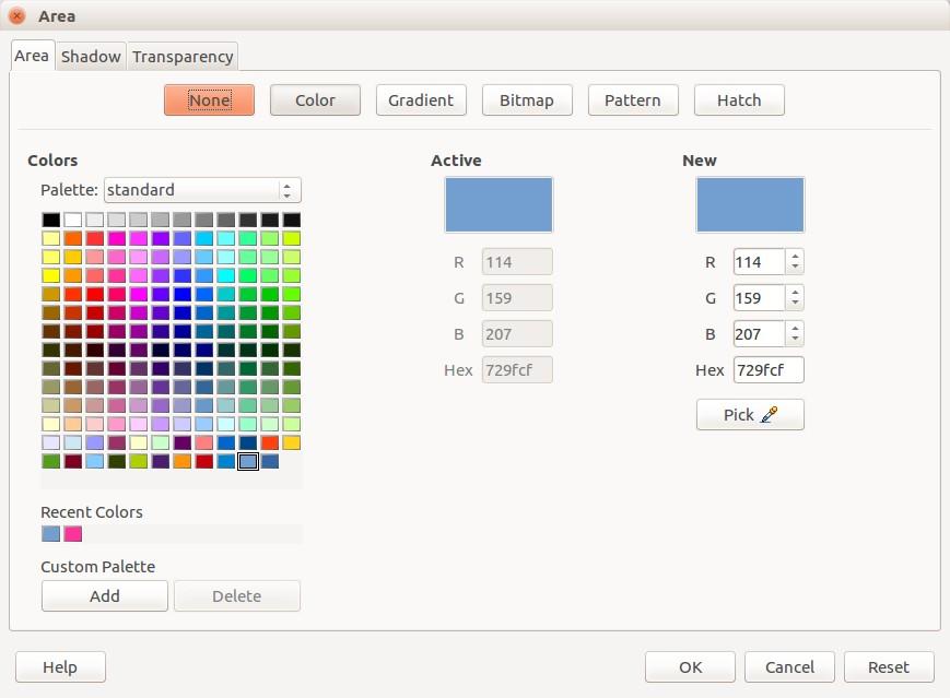 Figure 7: Area Dialog - Color To choose another palette, click on the Palette drop down list and select one of the available LibreOffice palettes.
