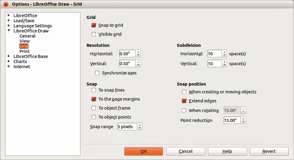 Figure 40: Configuring the grid Help lines Draw has help lines to easily allow you to position an object using the rulers at the top and left side of the workspace.