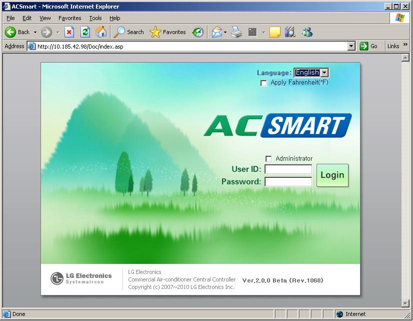 2. The Login screen is displayed to connect to the AC Smart. The language (Korean, English) and the temperature unit (Centigrade, Fahrenheit) to display can be set at the top right of the screen.