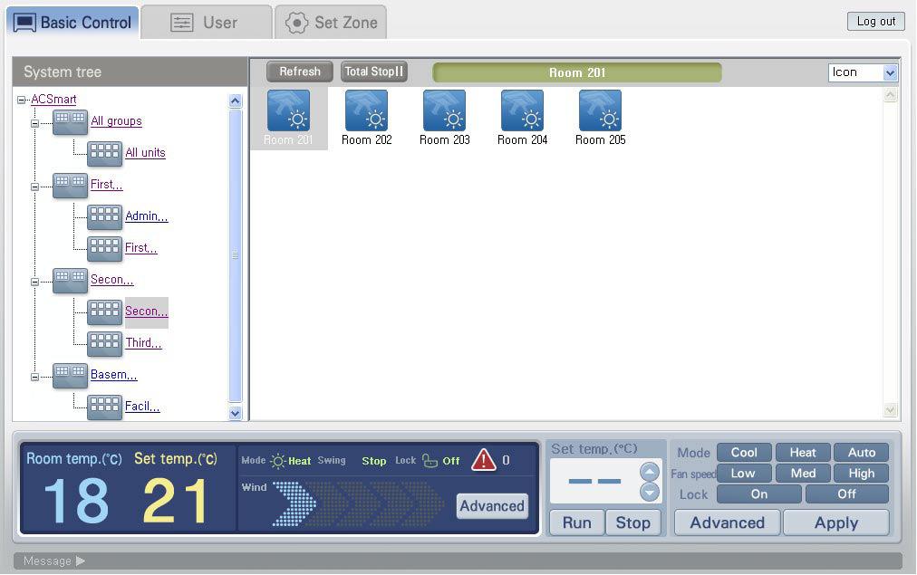 Control/Monitoring menu When you click Control/Monitoring menu, the following screen is displayed. ENGLISH The zone/group registered at the AC Smart is displayed as tree type.