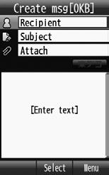 Sending S! Mail a u Create new Alternatively, in Standby, press u for 1 + seconds to open Message creation window. S! Mail Creation Window b Select Recipient field c From phonebook Search and select Phone Book entry (fp.