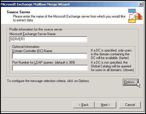 In the Source Server wizard, enter details of the Server from which mailboxes are to