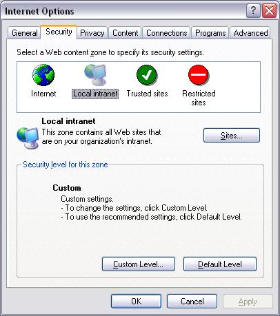 Trusted Intranet Sites There may be a problem with the IE configuration that has