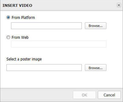 This button displays the Insert Video dialog box: The Insert Video dialog box. Choose From Platform or From Web.